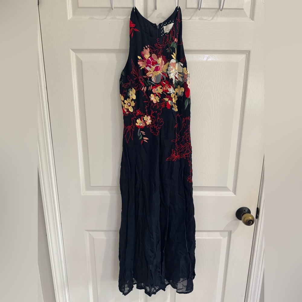 Anthropologie Floral Embroidered Navy Dress